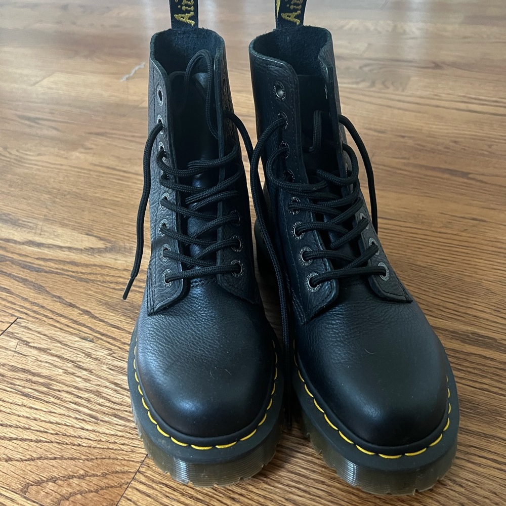 Dr. Martens Black Leather Women's Combat Boots with Yellow Stitching